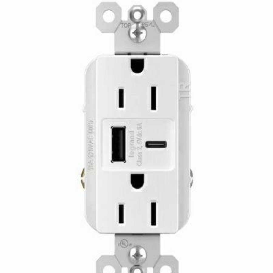 * On Sale Pass & Seymour Duplex Outlet + Usb Charger, Type A/C, White, 6.0A, 15-Amp