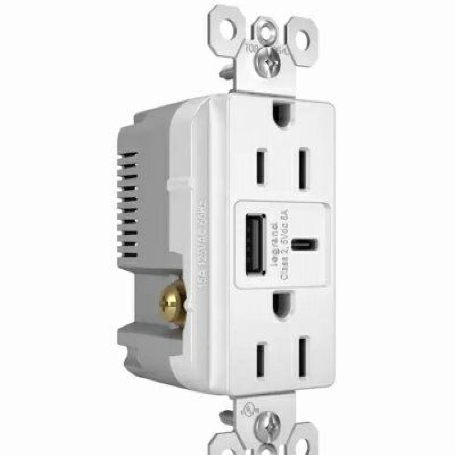 * On Sale Pass & Seymour Duplex Outlet + Usb Charger, Type A/C, White, 6.0A, 15-Amp