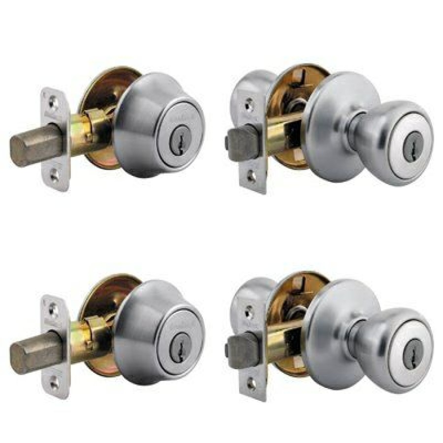 * Sales Online Tylo Entry Door Combo 4-Pack, 2 Entry Knobs, 2 Single-Cylinder Deadbolts, Satin Chrome