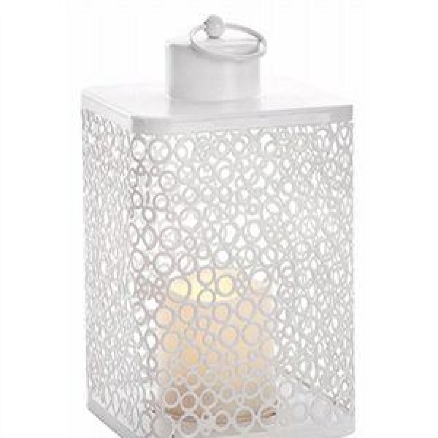 * Limit Offer Patio Lantern, Matte White Filigree, Led Flameless Candle, 9-In.